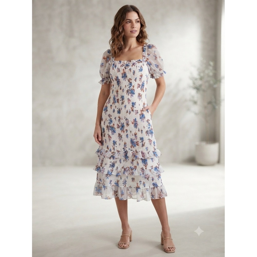 Abercrombie & Fitch Dress Womens Large White Floral Smocked Puff Sleeve Ruffle